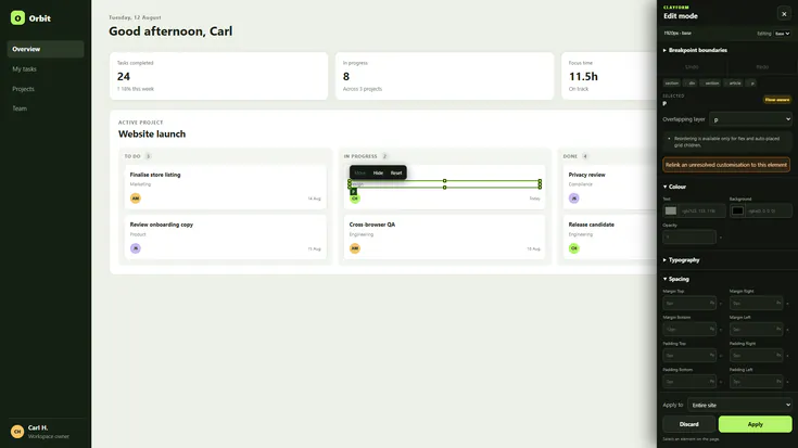 Clayform edit mode open beside a web application with an element selected